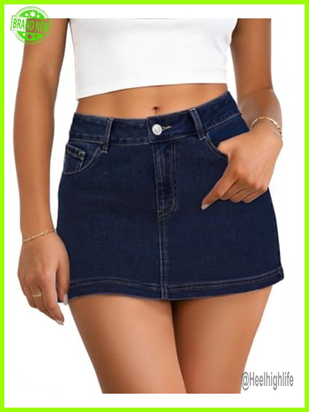 Stretch Denim Mini Skirt A-Line Low Waisted 4 Pockets Zip Fly